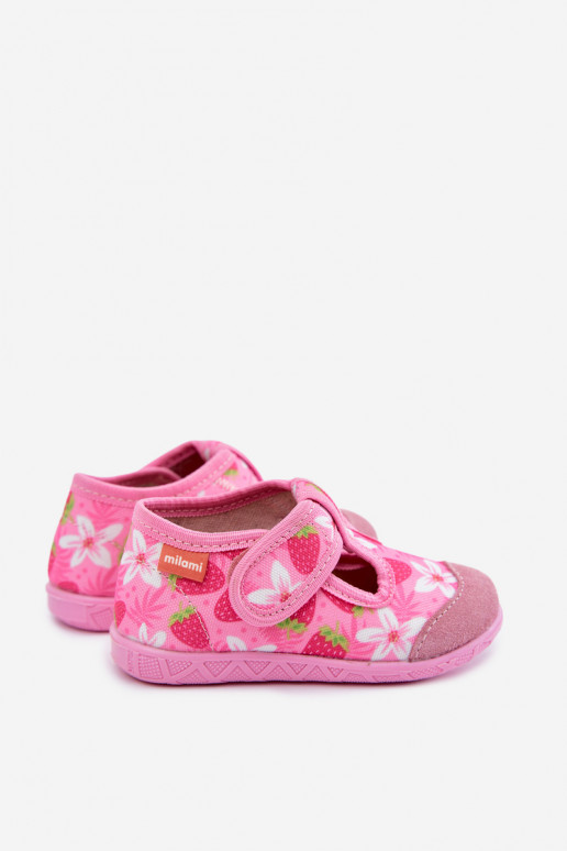 Pantofole per bambini Milami con chiusure adesive e fragole e fiori in rosa Jasimrra
