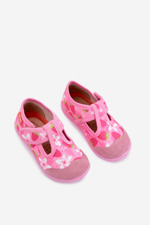 Pantofole per bambini Milami con chiusure adesive e fragole e fiori in rosa Jasimrra