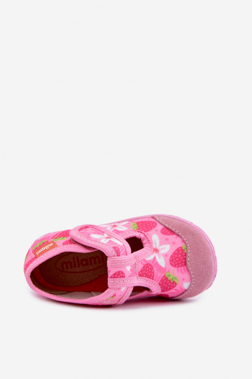 Pantofole per bambini Milami con chiusure adesive e fragole e fiori in rosa Jasimrra
