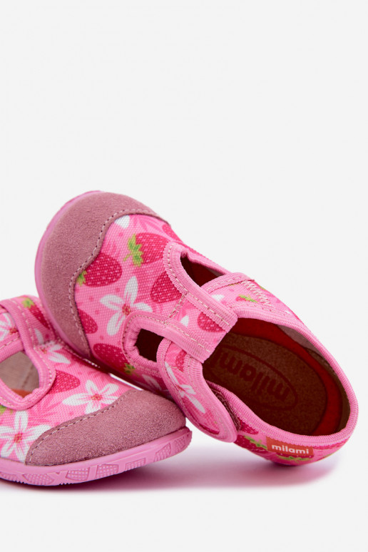 Pantofole per bambini Milami con chiusure adesive e fragole e fiori in rosa Jasimrra