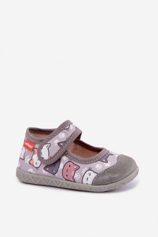 Pantofole per bambini Milami con chiusure adesive e gatti in grigio Esnia