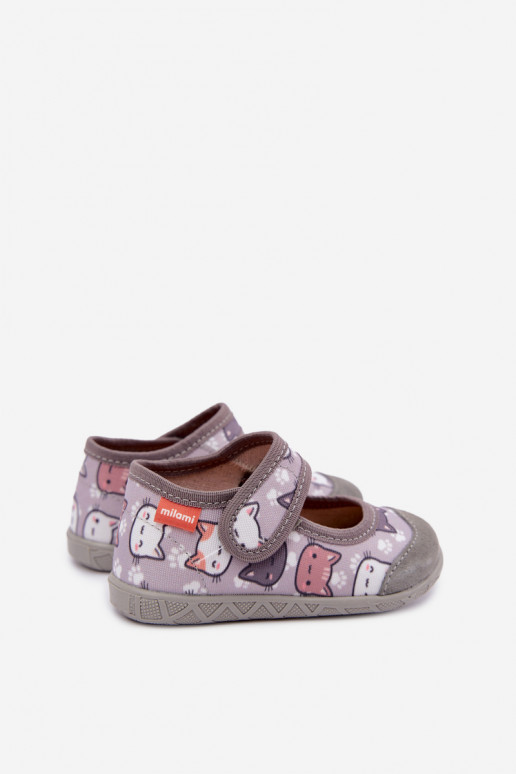 Pantofole per bambini Milami con chiusure adesive e gatti in grigio Esnia
