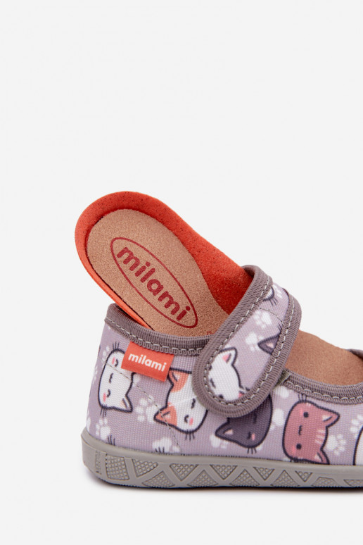 Pantofole per bambini Milami con chiusure adesive e gatti in grigio Esnia