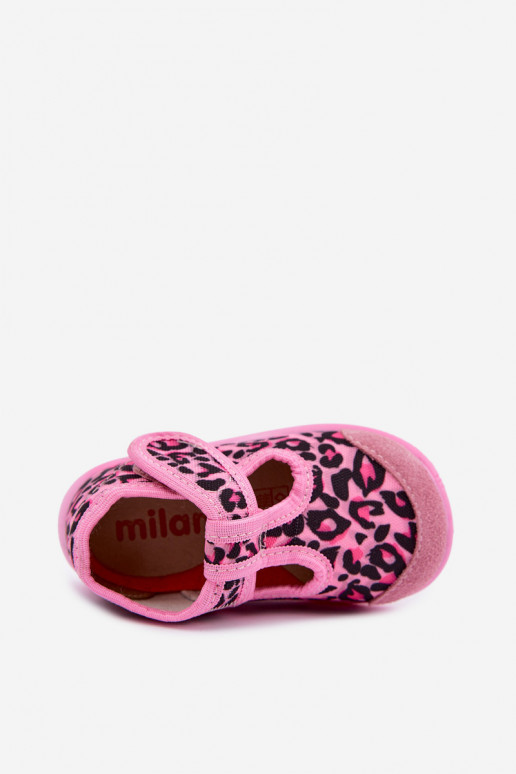 Pantofole elastiche per bambini Milami con chiusure adesive e motivi leopardati in rosa Ambette