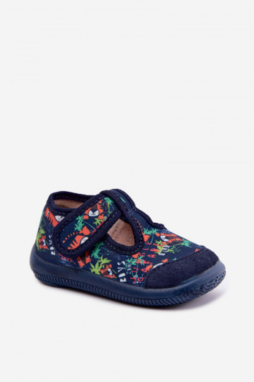 Pantofole elastiche per bambini Milami con chiusure adesive e motivi jungle in blu scuro Ambette