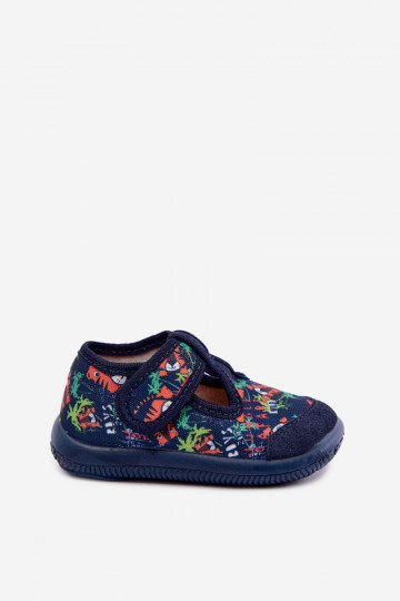 Pantofole elastiche per bambini Milami con chiusure adesive e motivi jungle in blu scuro Ambette 2