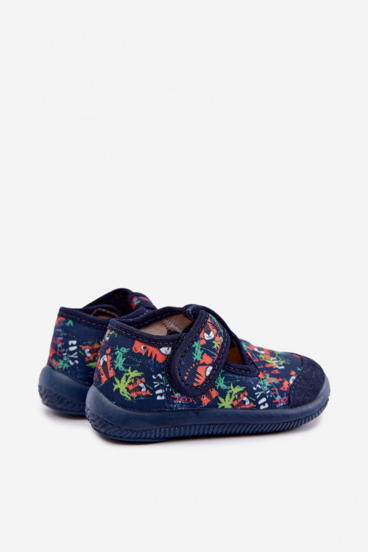 Pantofole elastiche per bambini Milami con chiusure adesive e motivi jungle in blu scuro Ambette
