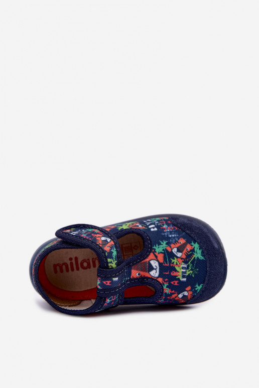 Pantofole elastiche per bambini Milami con chiusure adesive e motivi jungle in blu scuro Ambette