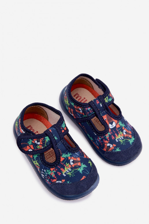 Pantofole elastiche per bambini Milami con chiusure adesive e motivi jungle in blu scuro Ambette