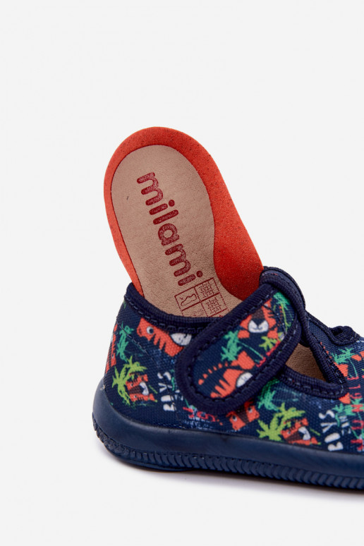 Pantofole elastiche per bambini Milami con chiusure adesive e motivi jungle in blu scuro Ambette