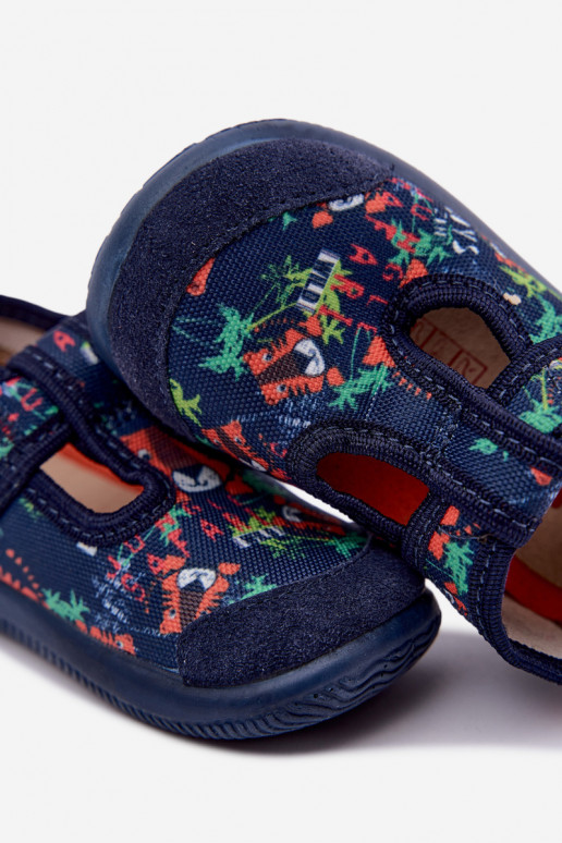 Pantofole elastiche per bambini Milami con chiusure adesive e motivi jungle in blu scuro Ambette