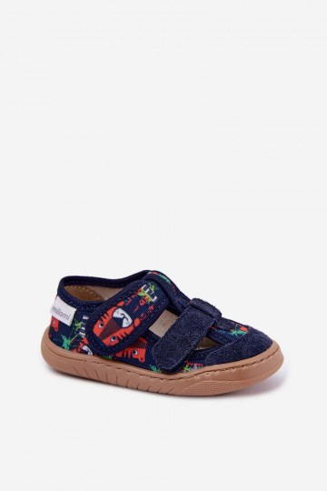 Pantofole per bambini Barefoot Milami con motivi jungle in blu scuro Lumi