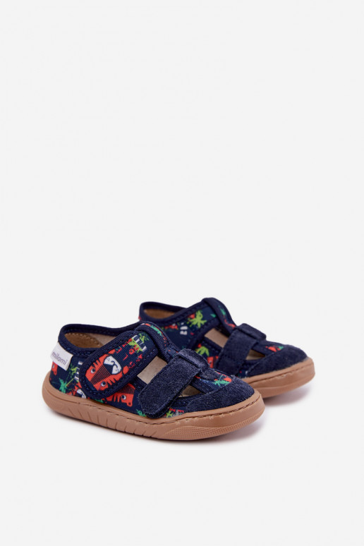 Pantofole per bambini Barefoot Milami con motivi jungle in blu scuro Lumi