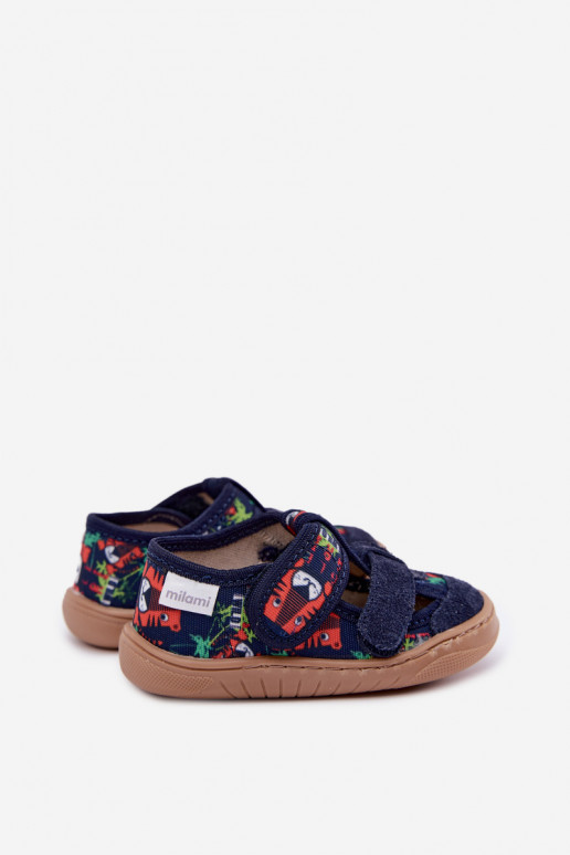 Pantofole per bambini Barefoot Milami con motivi jungle in blu scuro Lumi