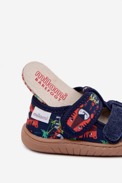 Pantofole per bambini Barefoot Milami con motivi jungle in blu scuro Lumi