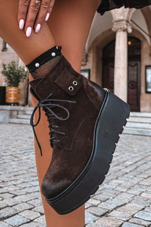 Zazoo 60499 stivaletti da donna in faux suede con plateau color cioccolato