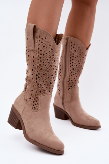stivali alti con elementi intagliati in stile cowboy con tacchi S.Barski HY62-8126 color sabbia