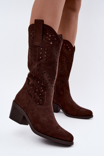 stivali alti con elementi intagliati in stile cowboy con tacchi S.Barski HY62-8126 color cioccolato