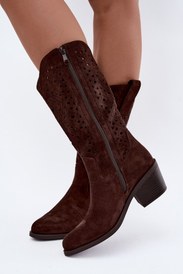stivali alti con elementi intagliati in stile cowboy con tacchi S.Barski HY62-8126 color cioccolato 2