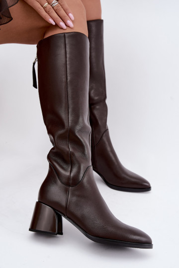Stivali lunghi in pelle da donna foderati con tacco D&A JC62-1069 cioccolato
