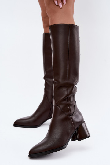Stivali lunghi in pelle da donna foderati con tacco D&A JC62-1069 cioccolato 2