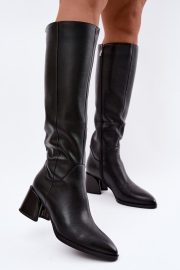 Stivali lunghi in pelle da donna foderati con tacco D&A JC62-1069 nero
