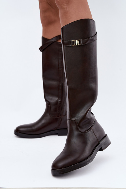 Stivali alti da donna con tacco largo e cinturini decorativi in colore cioccolato Tarelle