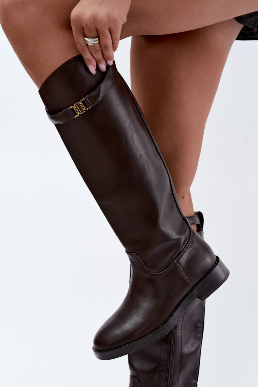 Stivali alti da donna con tacco largo e cinturini decorativi in colore cioccolato Tarelle