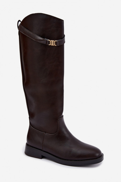Stivali alti da donna con tacco largo e cinturini decorativi in colore cioccolato Tarelle