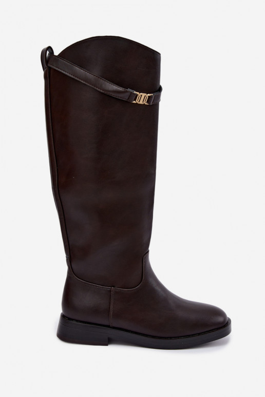 Stivali alti da donna con tacco largo e cinturini decorativi in colore cioccolato Tarelle