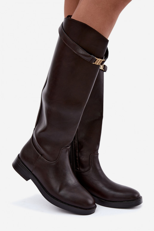 Stivali alti da donna con tacco largo e cinturini decorativi in colore cioccolato Tarelle