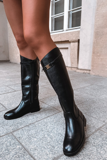Stivali alti neri da donna con tacco largo e cinturini decorativi Tarelle