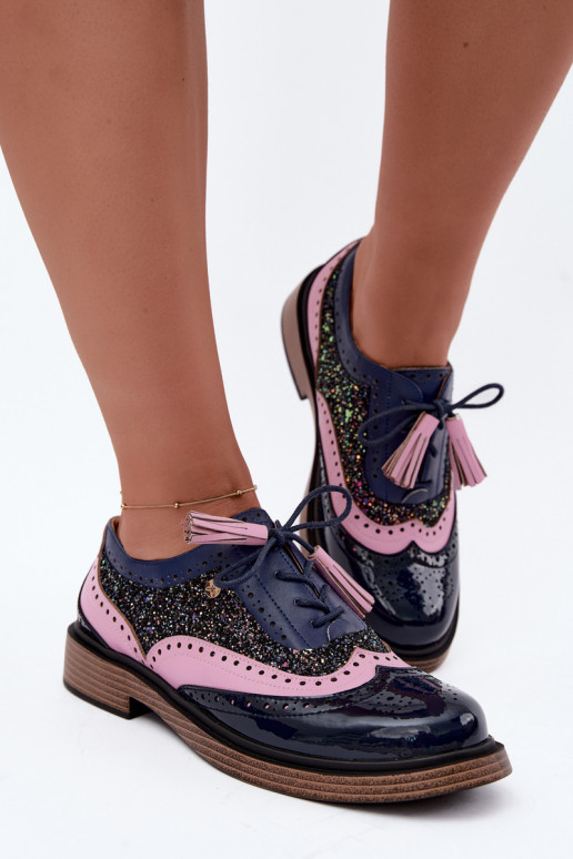 Scarpe in pelle da donna con lacci e frange Tai turiciejka K7816-17 blu scuro