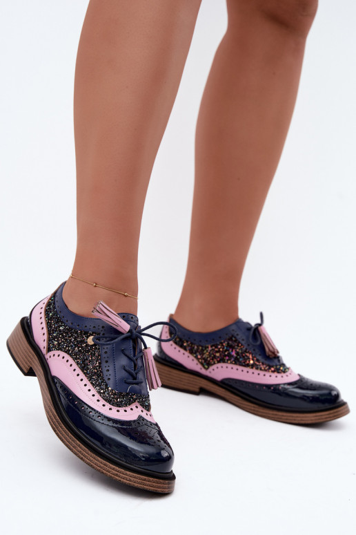 Scarpe in pelle da donna con lacci e frange Tai turiciejka K7816-17 blu scuro