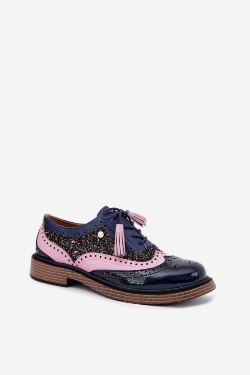 Scarpe in pelle da donna con lacci e frange Tai turiciejka K7816-17 blu scuro