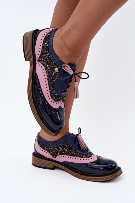 Scarpe in pelle da donna con lacci e frange Tai turiciejka K7816-17 blu scuro