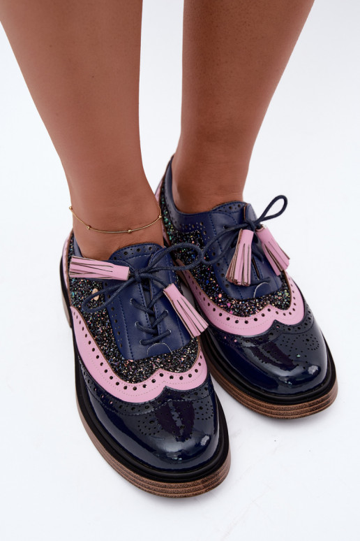 Scarpe in pelle da donna con lacci e frange Tai turiciejka K7816-17 blu scuro