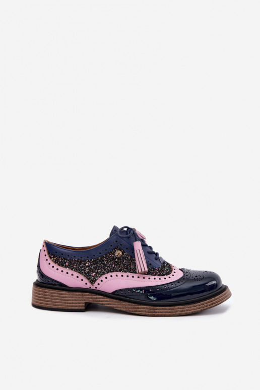Scarpe in pelle da donna con lacci e frange Tai turiciejka K7816-17 blu scuro