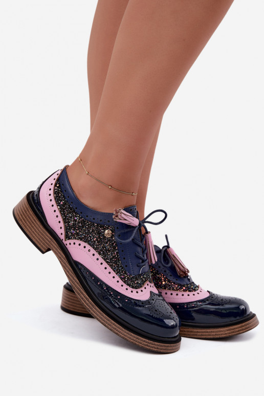 Scarpe in pelle da donna con lacci e frange Tai turiciejka K7816-17 blu scuro