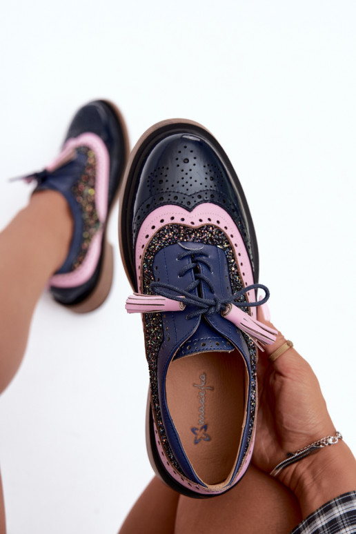 Scarpe in pelle da donna con lacci e frange Tai turiciejka K7816-17 blu scuro