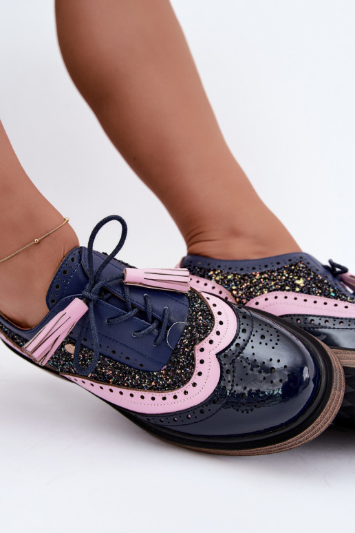 Scarpe in pelle da donna con lacci e frange Tai turiciejka K7816-17 blu scuro