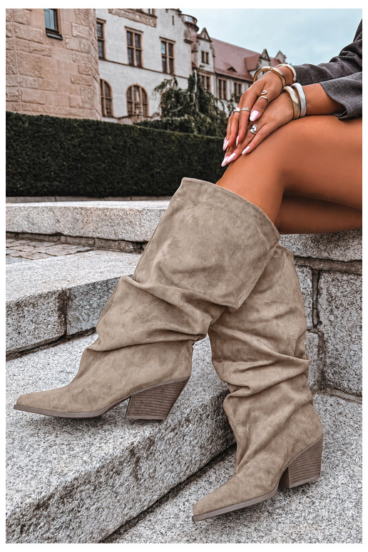 Stivali alti khaki da donna con parte superiore curva e tacchi in suede Durela