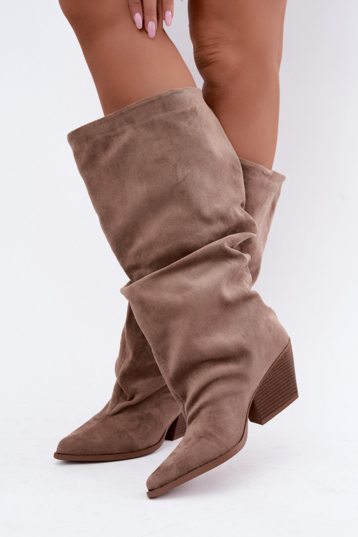Stivali alti khaki da donna con parte superiore curva e tacchi in suede Durela