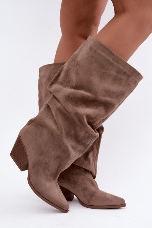 Stivali alti khaki da donna con parte superiore curva e tacchi in suede Durela
