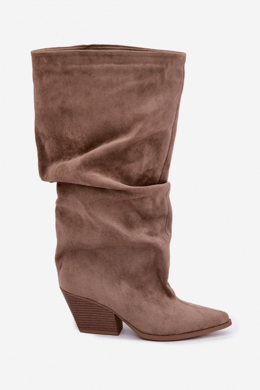 Stivali alti khaki da donna con parte superiore curva e tacchi in suede Durela
