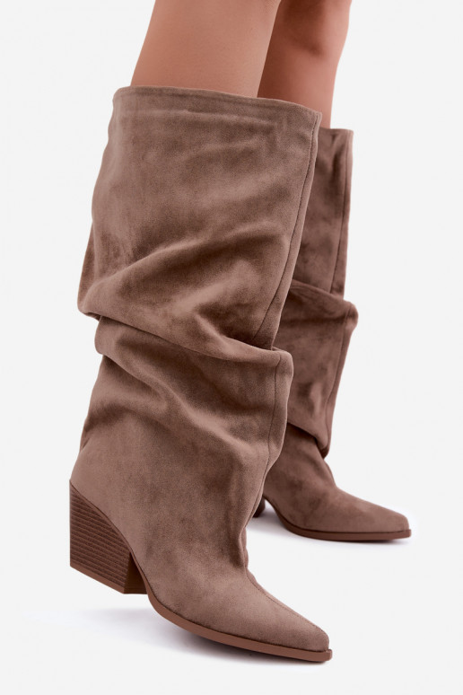 Stivali alti khaki da donna con parte superiore curva e tacchi in suede Durela