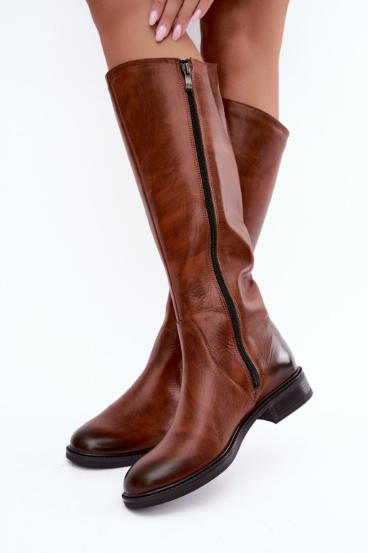 Stivali in pelle da donna al ginocchio con tacco largo isolati Zazoo 70163 marrone
