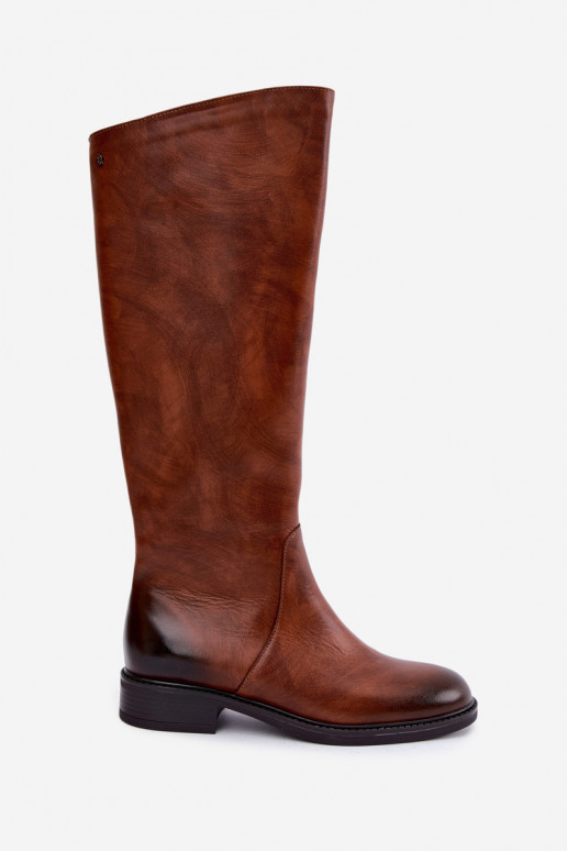 Stivali in pelle da donna al ginocchio con tacco largo isolati Zazoo 70163 marrone