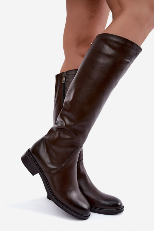 Stivali in pelle da donna al ginocchio con tacco largo isolati Zazoo 70163 cioccolato