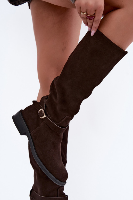 Stivali alti in suede sintetico con fibbie Vinceza Czekolado